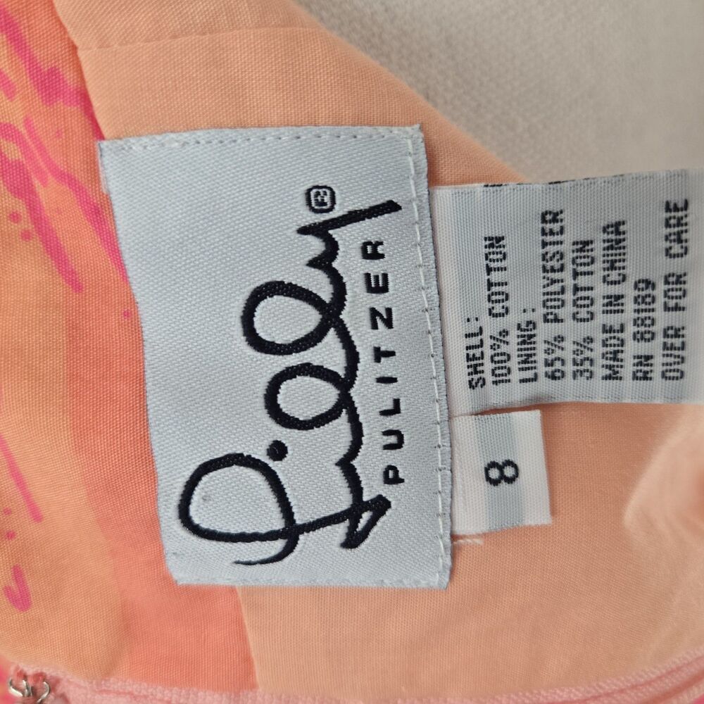 Lilly Pulitzer Vintage Strapless Dress Sz 8 Orange Pink Flamingo Palm Tie Back - Picture 5 of 8